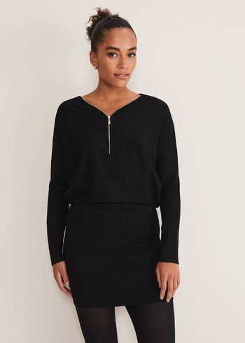 Phase Eight Becca Zip Neck Detail Dress Black USA | 2437590-AV